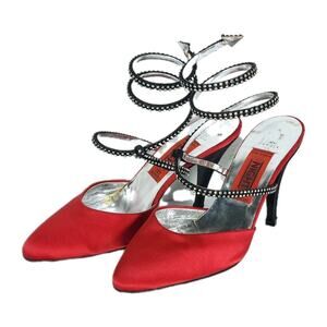 RENE CAOVILLA PER VALENTINO Vtg US7 Red Satin Rhinestone Spiral Wrap Pump Shoes